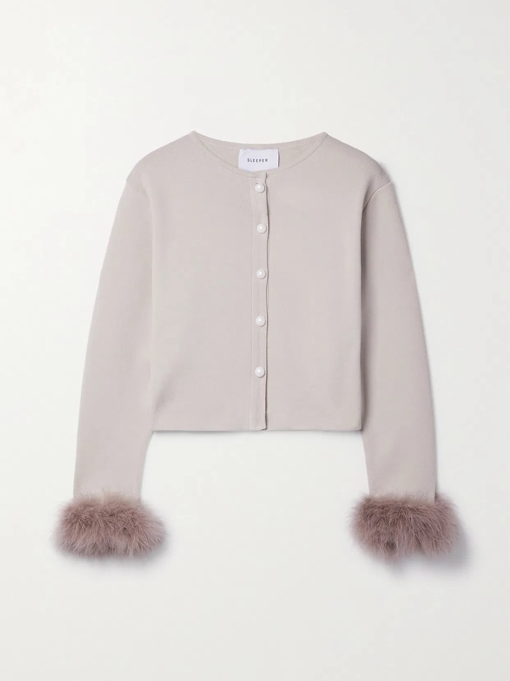 Sleeper Gray Feather-Cuff Knitted Cardigan